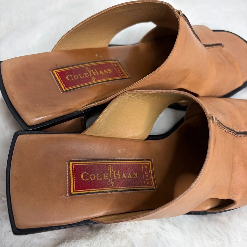 Cole Haan Studio Womens 6.5 B Tan Leather Square Toe Block Heel Slide Sandals